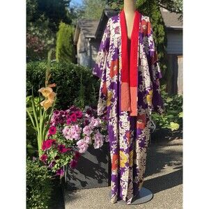 Vintage Silk Japanese Kimono Robe Dress Purple Floral With Red Silk Lining 1940s